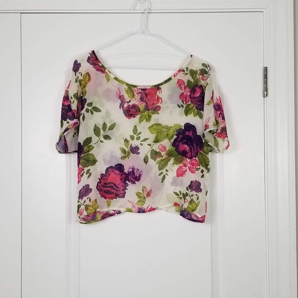 BLACK Poppy Boho Sheer Floral Printed Crop Top - Picture 2 of 9
